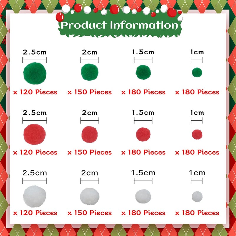 Allruyee 1500 Pieces Christmas Pom Xmas Craft Pom Pom Balls for Art Making and Hobby Supplies (4 Sizes, White, Red, Green) - Image 2